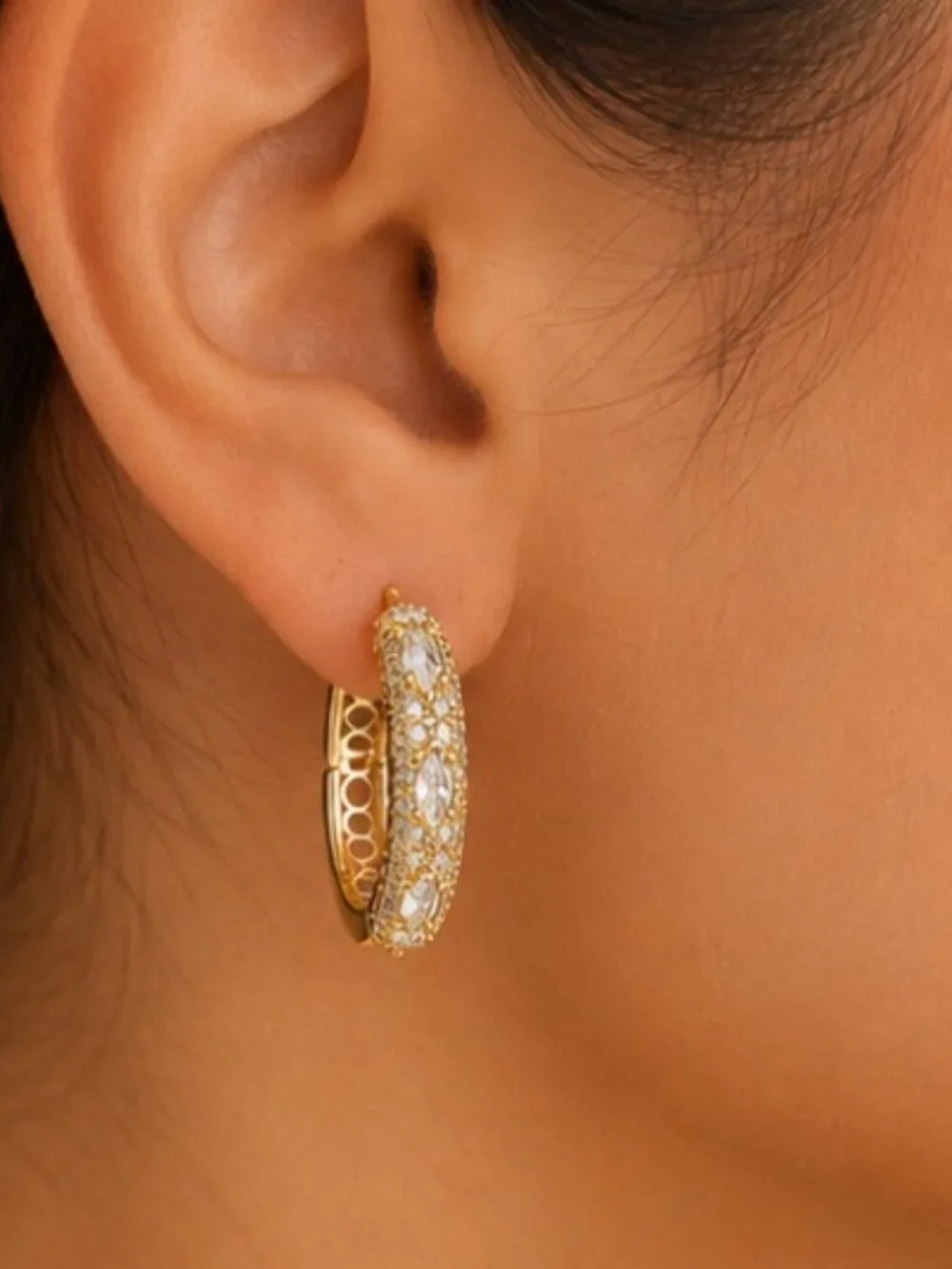 Pave Oval Huggie Hoop Earrings-14K Gold Plated -CZ Statement Earrings- Brand New